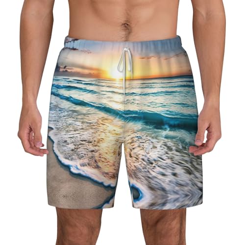 Short de bain pour homme imprimé coucher de soleil et vagues de l'océan