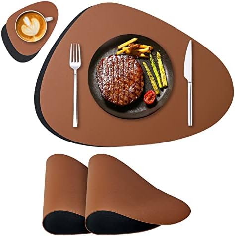 Faux Leather Placemats and Coasters Set of 2, Dual-Sided Round Place Mats for Kitchen Dining Patio Table, Washable Oval Modern Table Mates, Non-Slip Heat Resistant Coffee Mates, Black Brown Placemats