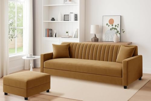 Image of Wooden Three Seater Sofa Set Comfortable Velvet Fabric Sofa Set with Ottoman Modern Space-Saving Design for Living Room, Office & Guest Room, Elegant Finish - Golden Color