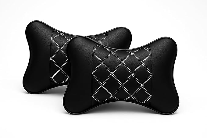 Image of Leather Car Neck Pillow for Travel, Travel Micro Fiber Rest Pillow /Cushion Set of Pillows Compatible with All Cars - Pack of 2 Pieces (White Black)