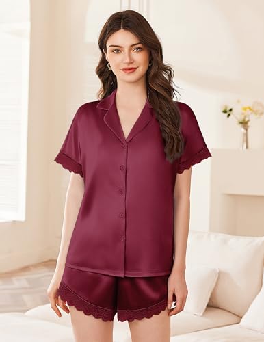 Image of Ekouaer Womens Lace Satin Pajama Set Button Down Pj Shorts Set Bridesmaids Getting Ready Outfits Casual Sleepwear XS-XXL