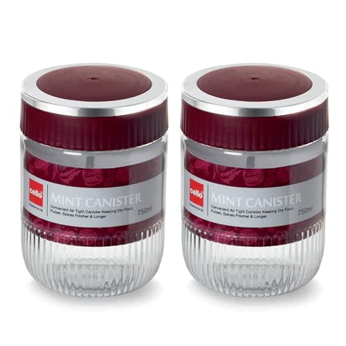 Image of CELLO Mint Storage Canister For Kitchen Set of 2, (750 ml x 2), Maroon | Food Grade, Stackable, See Through |Nestable Storage Pet Container with Lid for Food, Pulses, Spice, Cereals, Cookies, Dry Food