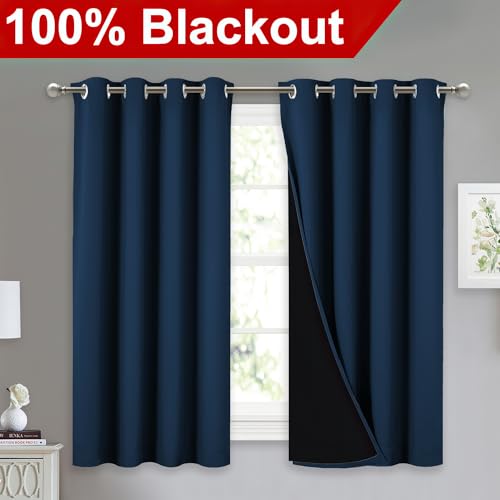 Image of NICETOWN 100% Blackout Curtains with Black Liners, Thermal Insulated Full Blackout 2-Layer Lined Drapes, Noise Cancellation Window Draperies for Dining Room (Moroccan Blue, 2 Panels, 52 inch W by 54 inch L)