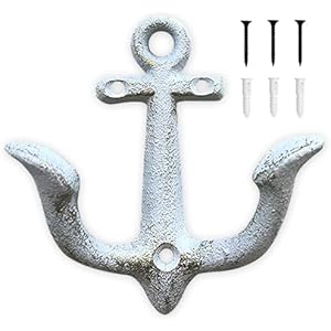 Notakia Vintage Cast Iron Nautical Anchor Wall Hooks Coastal Towel Hooks Decorative Wall Mounted Hanger for Beach House Lake House or Bathroom Decor Rustic Nautical Towel Rack (White, 1 Pack