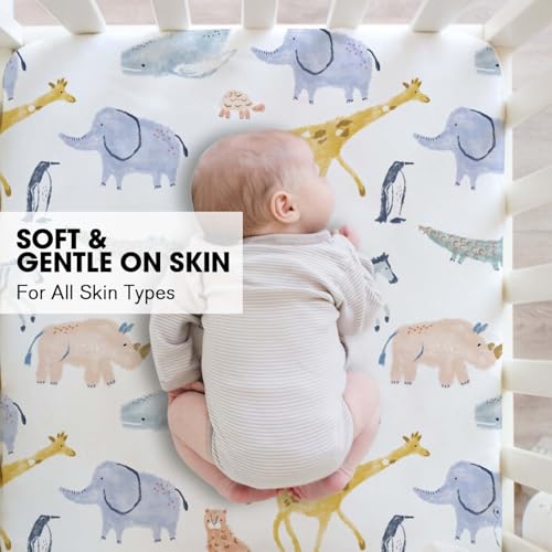 Image of Little Grape Land Crib Sheets 4 Pack for Boys and Girls, Baby Neutral Crib Fitted Sheets for Standard Crib & Toddler Mattress, Super Soft Breathable Fitted Crib Sheet Set (Fauna & Sea Lion)