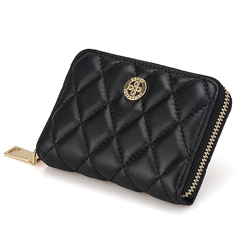 Luxury Quilted Leather Short Small Zipper Compact Wallet Credit Card Holder Zip Around Wallet Coin Purse Business Card Holder Gift for Girl Women Black2
