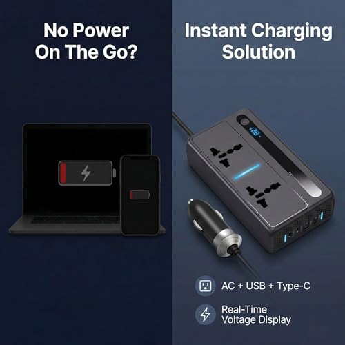 Image of YOURKARTS.COM 300W Car Power Inverter 12V DC to 220V AC Converter with 2 USB Ports + 2 Type-C Fast Charging + 2 AC Outlets + DC Socket | 7 Output Portable for Charger Laptop, Mobile, Travel