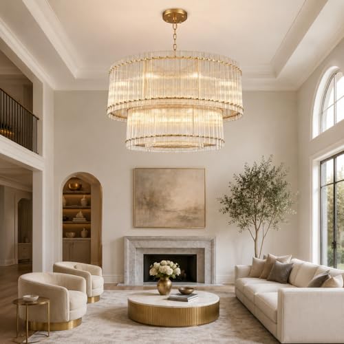 Image of 48-Inch Ripple Glass Chandelier, 3-Tier 20-Light Large Brass Round Chandelier for Dining Rooms, Living Rooms, Foyers, Staircases, Open-Concept Spaces & High Ceilings