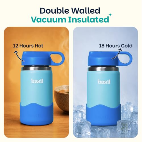 Image of Basil HydraPop Stainless Steel Insulated Kids Water Bottle for School, 380ml Leakproof Bottle with Straw, Double Wall Vacuum Thermosteel Bottle for School, Sports, Travel & Outdoor Use | Glacier