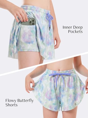 Image of Stelle Girls Flowy Shorts with Pockets Athletic Running Skirt High Waist Butterfly 2 in 1 Sports Short 5-16 Years