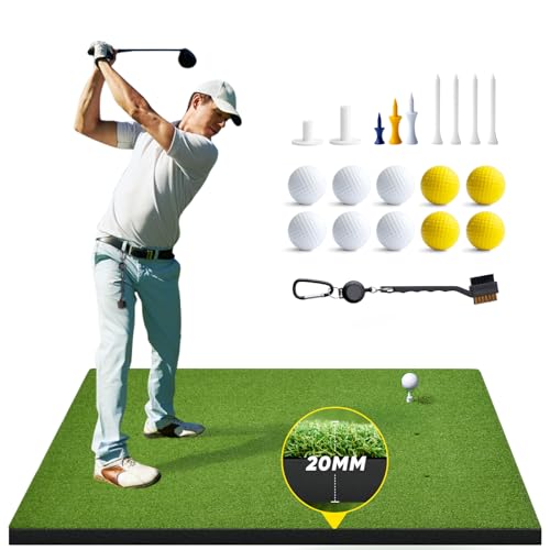 Abosi Thicken Golf Mat, 5x4ft Artificial Golf Hitting Mat with 1 Brush 10 Golf Balls 7 Golf Tee 2 Rubber Tee 20MM Golf Turf Practice Matt for Backyard Indoor Outdoor Training