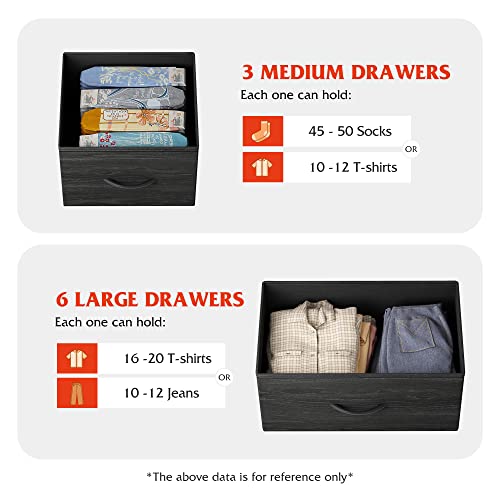 Wlive 9-Drawer Dresser, Fabric Storage Tower For Bedroom, Hallway, Nursery, Closet, Tall Chest Organizer Unit With Fabric Bins, Steel Frame, Wood Top, Easy Pull Handle, Charcoal Black Wood Grain Print #TOP4