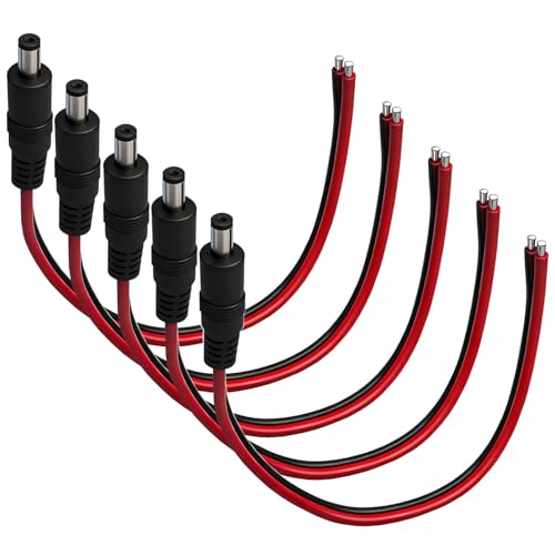 5.5mm x 2.5mm DC Power Terminal Cable 5-Pack 14AWG 0.8FT with Male Barrel Connector for CCTV Camera DVR LED Light Power Supply (Red Black Wires)