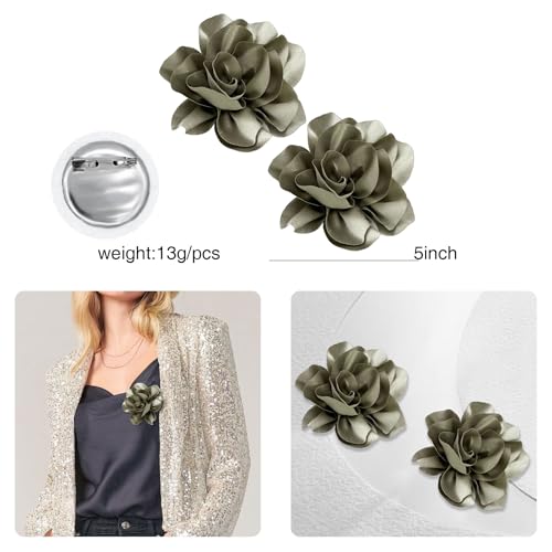 Image of 2Pcs 5in Dainty Satin Fabric Flower Brooch Extra Large Rose Camellia Flower Brooches Lapel Pins for Women Wedding Party Dance Banquet Clothes Jewelry Accessories