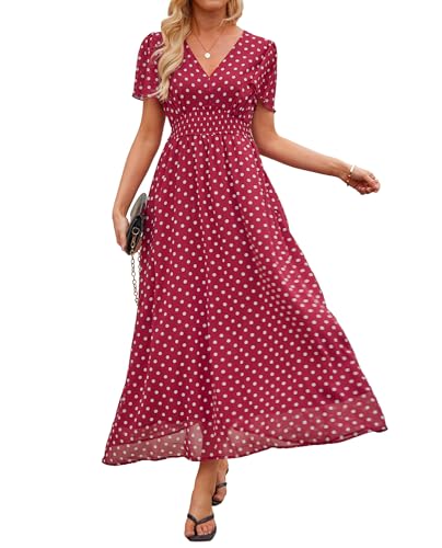 Polka Dot Dress for Women 2026 Summer V Neck Empire Waist Chiffon Maxi Long Dresses with Pockets Wedding Guest Party Beach (US, Alpha, Large, Regular, Regular, Polka Dot Red White)