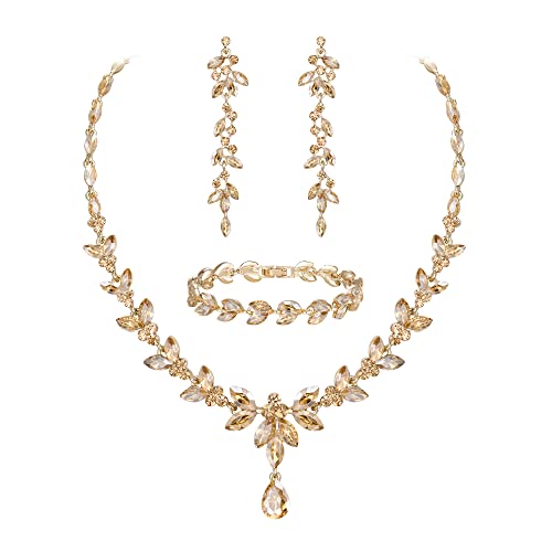 EVER FAITH Schmuckset Österreichisches Kristall Braut Schmuck-Set, elegante Marquise Strass Blatt Halskette mit baumelnden Ohrringen...