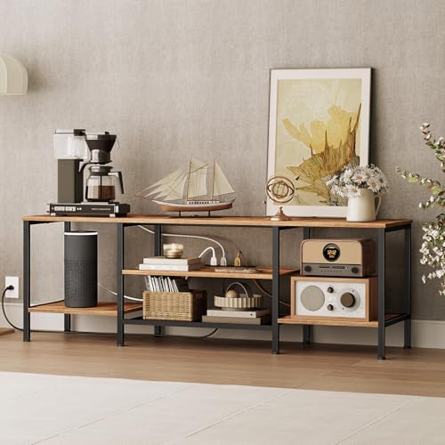 Image of HOOBRO TV Stand with Power Outlets to 75 Inches, TV Console Table with Open Storage Shelves Cabinet, Industrial Media Entertainment Center for Living Room Bedroom, Rustic Brown and Black BF60DS01