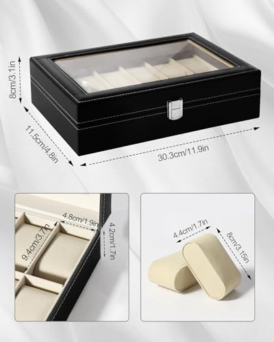 Image of Uten Watch Organizer - 12 Slot PU Case with Glass Lid, Valentine's Day Gift, Watch Display Box with Removable Pillow, Metal Clasp