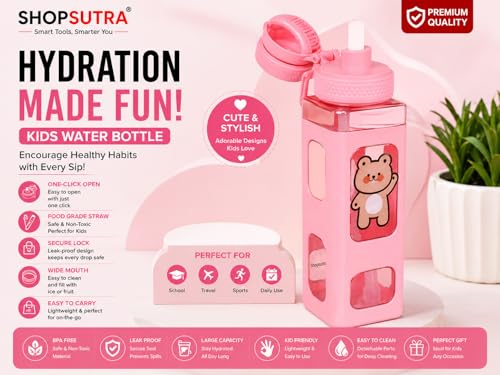 Image of Kawaii Bear Water Bottle with Straw & Stickers - 700ml Cute Square Plastic Drinking Bottle for Girls | Portable Juice /Tea /Sports Bottle | Leak-Proof Pink Bottle (Pack of 1)