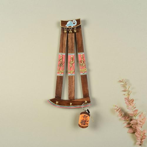 Image of AAKRITI ART CREATIONS Key Holder, Elephant Elma Key Hanger | Rustic Wood Wall Organizer with 3 Hooks | New Home Gifts | Multifunctional Entryway Decor Item