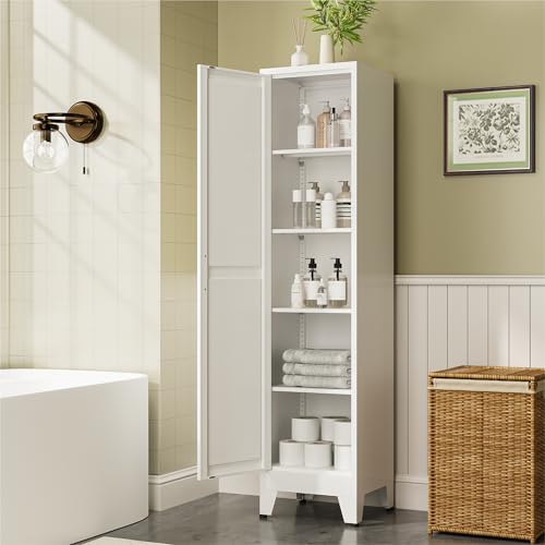 COFaR 67' Tall Bathroom Storage Cabinet, White Metal Storage Cabinet with Magnetic Door & 4 Adjustable Shelves, Slim Freestanding Cupboard for Kitchen, Bathroom, Living Room