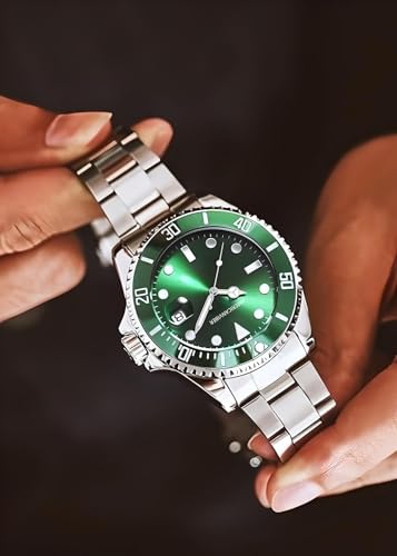 Image of AMERICANVIBER Luxury Diver Watch with Green Dial, Stainless Steel Band, Date Display, Quartz Movement