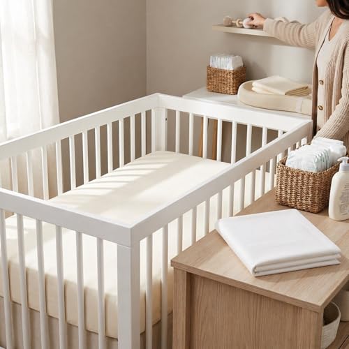 Image of Everyday Kids 2-Pack Fitted Crib Sheets, 100% Soft Breathable Microfiber Baby Sheet, Fits Standard Size Crib Mattress 28in x 52in, White Nursery Sheet and Beige Nursery Sheet