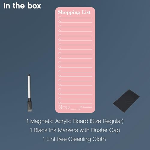 Image of 3 Lines Shopping List Fridge Magnet with Marker|Smart Planning & Shopping for Family, Working Professionals|Acrylic Magnetic Notepad for Kitchen Organisation|9x24 cms|Pink Guava Color|Regular