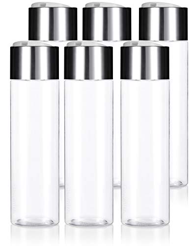 Clear 16 oz / 500 ml Professional Cylinder PET Plastic Bottles (BPA Free) with Wide Silver Disc Cap Lid (6 Pack)