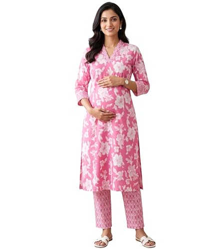 Image of DUMMY SHAPE Feeding Kurtis for Women Cotton Blend | Floral Kurta Pant Dupatta Set with Nursing Zippers to Pre & Post Partum | Maternity Dresses | Mom to Be Gifts for Pregnant Woman