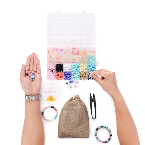 Image of Ambitieux DIY Bracelet Making Kit 575+ Beads Jewelry Set With Glass,Double,Charms Pendants Accessories,Evil Eye,Elastic Thread,Cutter & Jute Bag Craft Kit For Girls,Kids & Adults (Matt),Multicolor