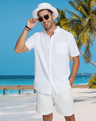 Friptspyg Leinenhemd Herren Hemd Kruzarm Baumwolle Leinen Hemden Regular Fit Freizeithemden Sommer Kurzarmhemd Casual Strandhemd mit Tasche, Weiß XL 3