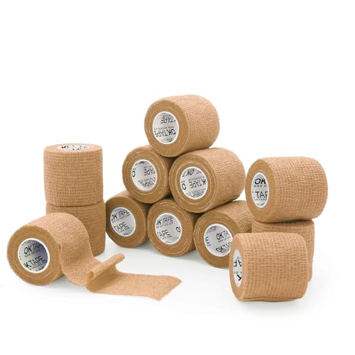 OK TAPE Self Adherent Cohesive Bandages Wrap 12Packs, 2 Inches X 5 Yards, Non-Woven Self Adhesive Athletic Sports wrap Tape, Vet Wrap Bandages Tape, for Thumb Finger Wrist Ankle (Beige)
