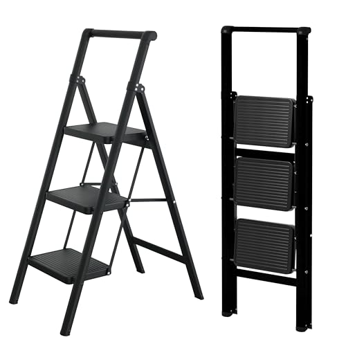 UABA Escalera Plegable 3 peldaños Negra, Liviana y compacta, peldaños Anchos Antideslizantes, Norma EN 131