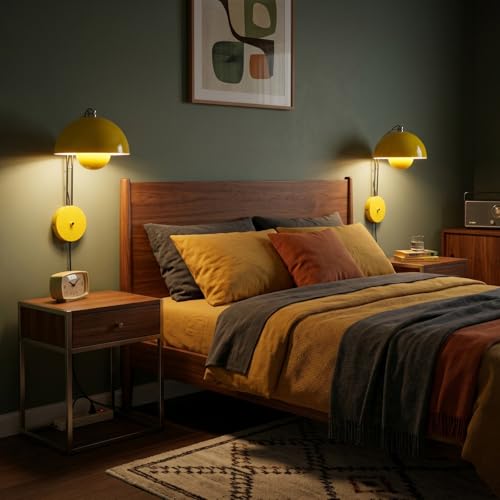Image of Mid-Century Modern Bud Plug in Wall Sconces for Bedroom, Lemon Yellow | Indirect lighting reading wall lamp, all-metal construction, plug-in or hardwired install, fits bedroom bedside, living room