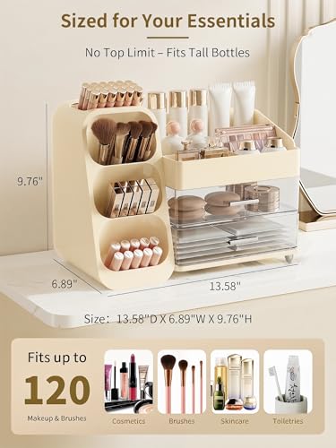 Image of Booklov Makeup Organizer for Vanity, Large Capacity Cosmetic Display Case with Clear Acrylic Drawer, Countertop Beauty Storage Holder for Skincare, Brush Eyeshadow Lipstick Counter Desk, Crystal Cream