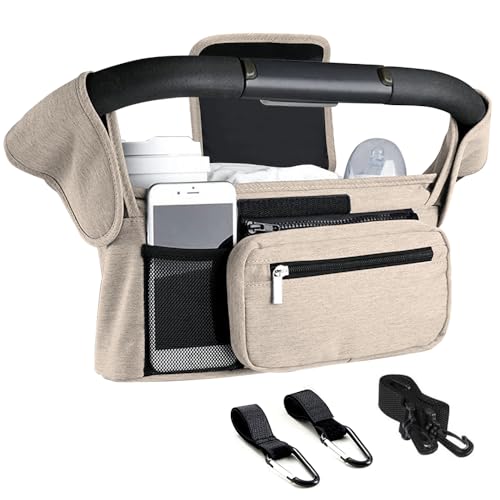 Tyuodna Baby Pram Bag Stroller Universal Stroller Bag with 2 Insulated Cup Holder Large Capacity Bag Organiser with Shoulder Strap&Non-Slip Secure Hooks (Beige)