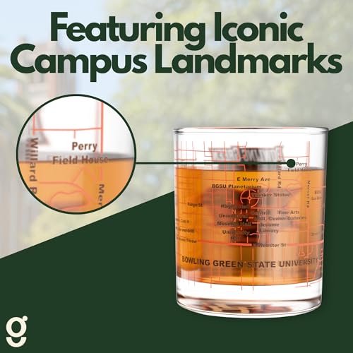Image of Greenline Goods Bowling Green University Falcons Whiskey Glasses Set of 2, 10 oz Rocks Glasses with Full-Color Logo & Campus Map - Officially Licensed Bourbon Glass Gift for Alumni & Fans