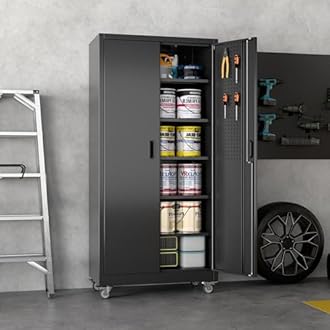 Garage Storage Cabinet with Wheels & Pegboard, 71" H×34" W×18" D Locking Metal Storage Cabinet with 2 Doors and 5 Adjustable Shelves for Garage Workshop Home, Black, Assembly Required