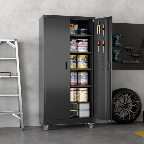 Image of Aobabo Metal Garage Storage Cabinet with Wheels, 71 inch Tall Lockable Cabinet