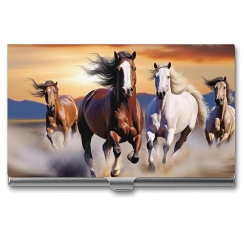 Metal Business Card Holder Ultra Slim - Running Horses Professional Aluminum Alloy Card Case with Magnetic Closure, Compact ID Credit Card Organizer Wallet for Men Women
