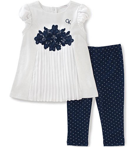 Calvin Klein Baby Girls 2 Pieces Tunic Pant Set - Georgette, White, 6/9M