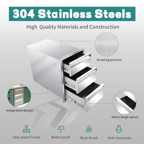 Image of Outdoor Kitchen Drawers 14 inch W x 21 inch H x 23 inch D Stainless Steel Drawer BBQ Triple Drawers with Hidden Handle for Outdoor Kitchen Island, Patio Grill Station