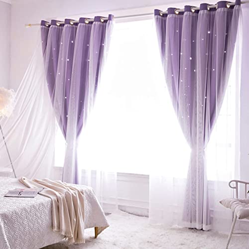 Lanqinglv Star Blackout Curtains with Nets,Lilac Star Panels Nursery Double Layer Window Curtains for Kids Girls Room Bedroom Living Room Decoration,2 Panels,W 52 in x L 84 in - Image 3