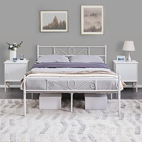 An image depicting Yaheetech Metal Double Platform Bed 4ft6 Bed Frame Solid Bedstead Base with Scroll Design Headboard/Footboard White