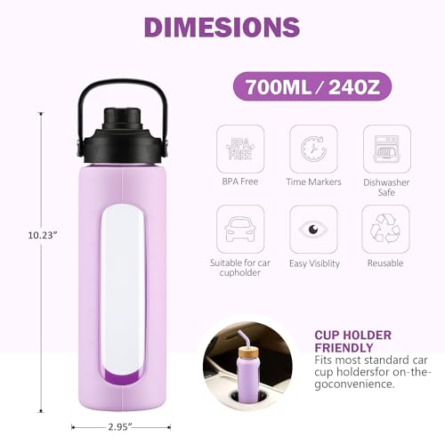 Image of 24 oz Glass Water Bottle with Straw - 2 Lids (Bamboo & Spout Lid), Motivational Borosilicate Glass Daily Water Intake Bottle with Time Marker, Silicone Sleeve for Gym Home Office-Purple