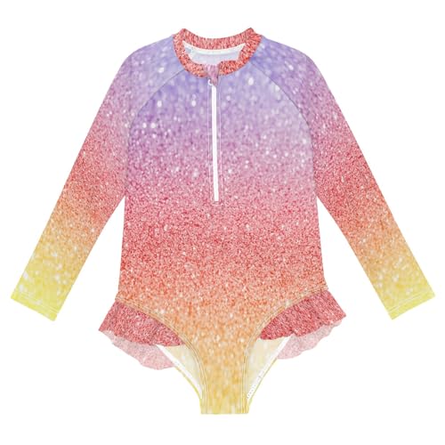 CHIFIGNO Girls Swimsuits One Piece Quick Dry Rash Guard Zipper Swimwear, Purple Red Yellow Gradient 3T