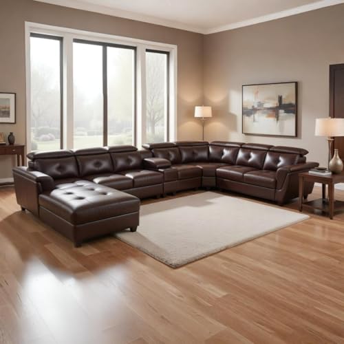 Image of Mishel 12 Seater Sofa Set for Living Room | Sectional U Shaped 12 Seater Sofa with Storage & Cupholder (Brown Leatherette, LHS)