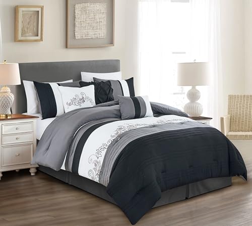 Chezmoi Collection Napa 7-Piece Luxury Leaves Scroll Embroidery Bedding Comforter Set (Full, Black/Gray/White)