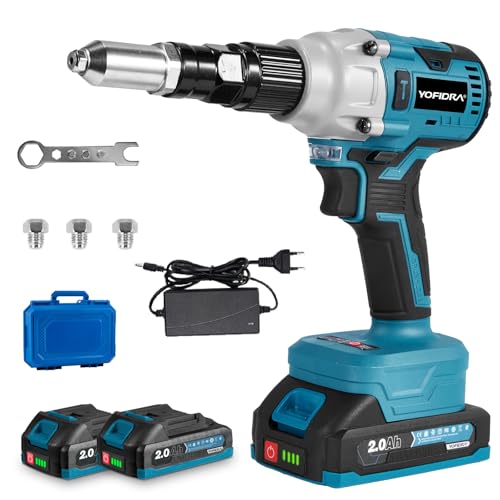 Yofidra Pinza rivettatrice a batteria, 20000 N, pinza rivettatrice senza spazzole, pinza rivetti ciechi con batterie da 2 x 2,0 Ah, per rivetti ciechi da 2,4 – 5,0 mm, lunghezza 16 mm, set di pinze